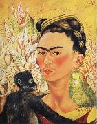 Frida Kahlo Self-Portrait with Monkey and Parrot oil painting on canvas